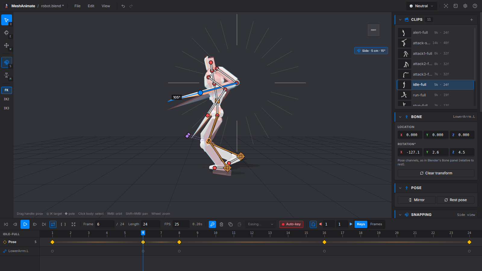 Swinging a forearm in 15 degree steps