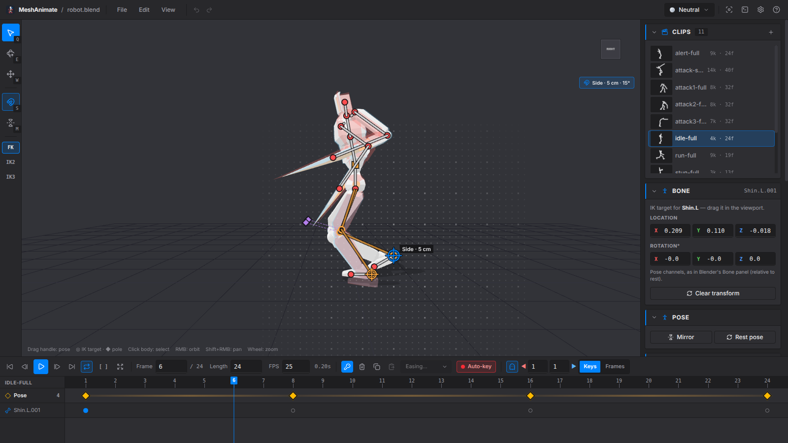 Dragging an IK foot target onto the side-view snap grid