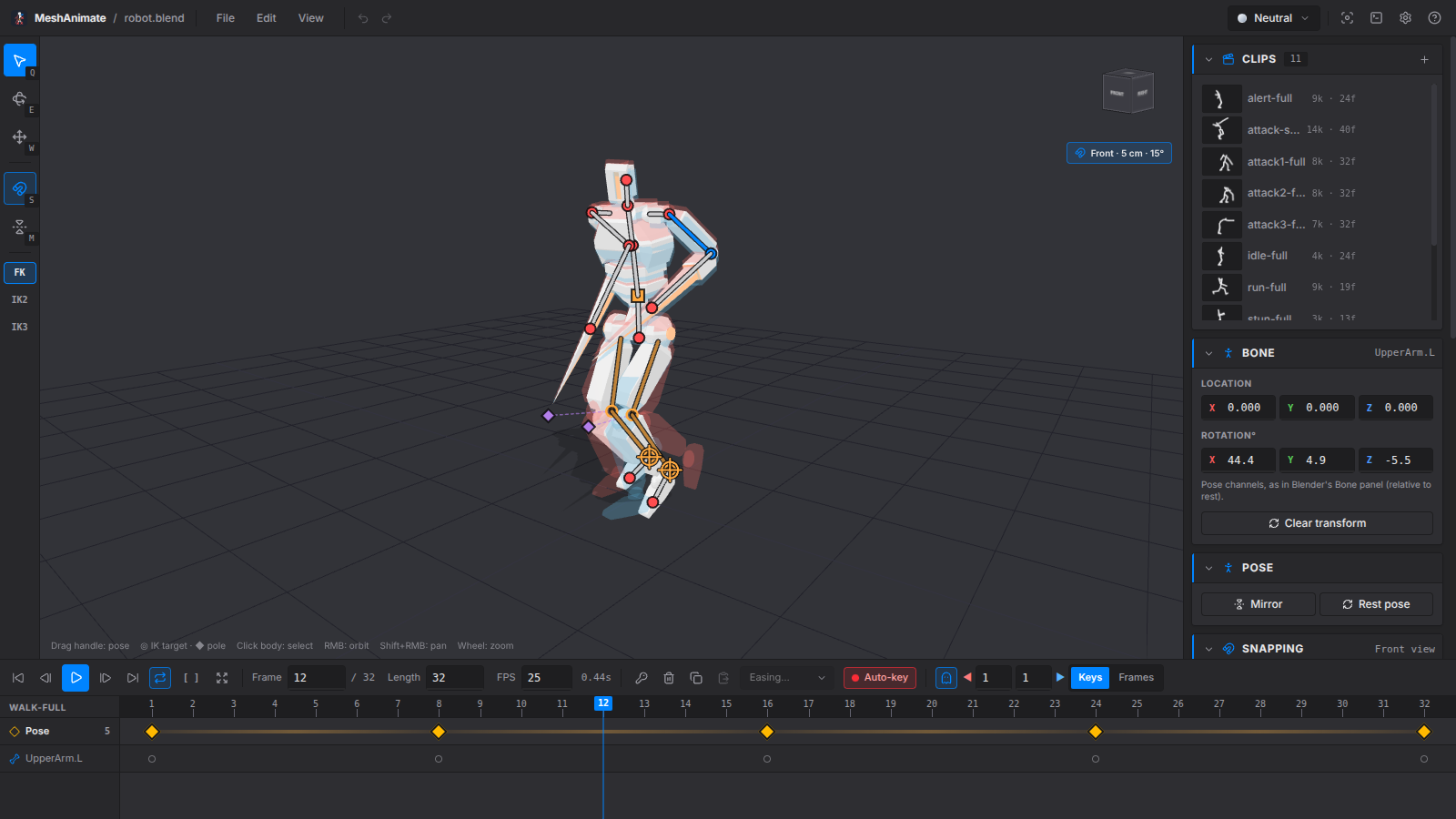 MeshAnimate posing a robot with onion-skin ghosts and the timeline below