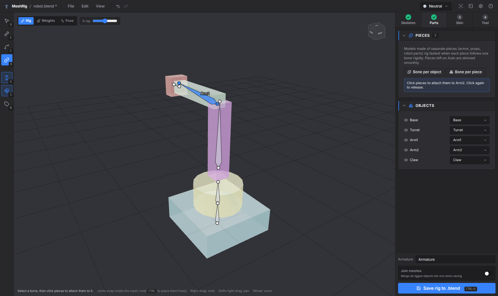 A robot arm with a bone per part