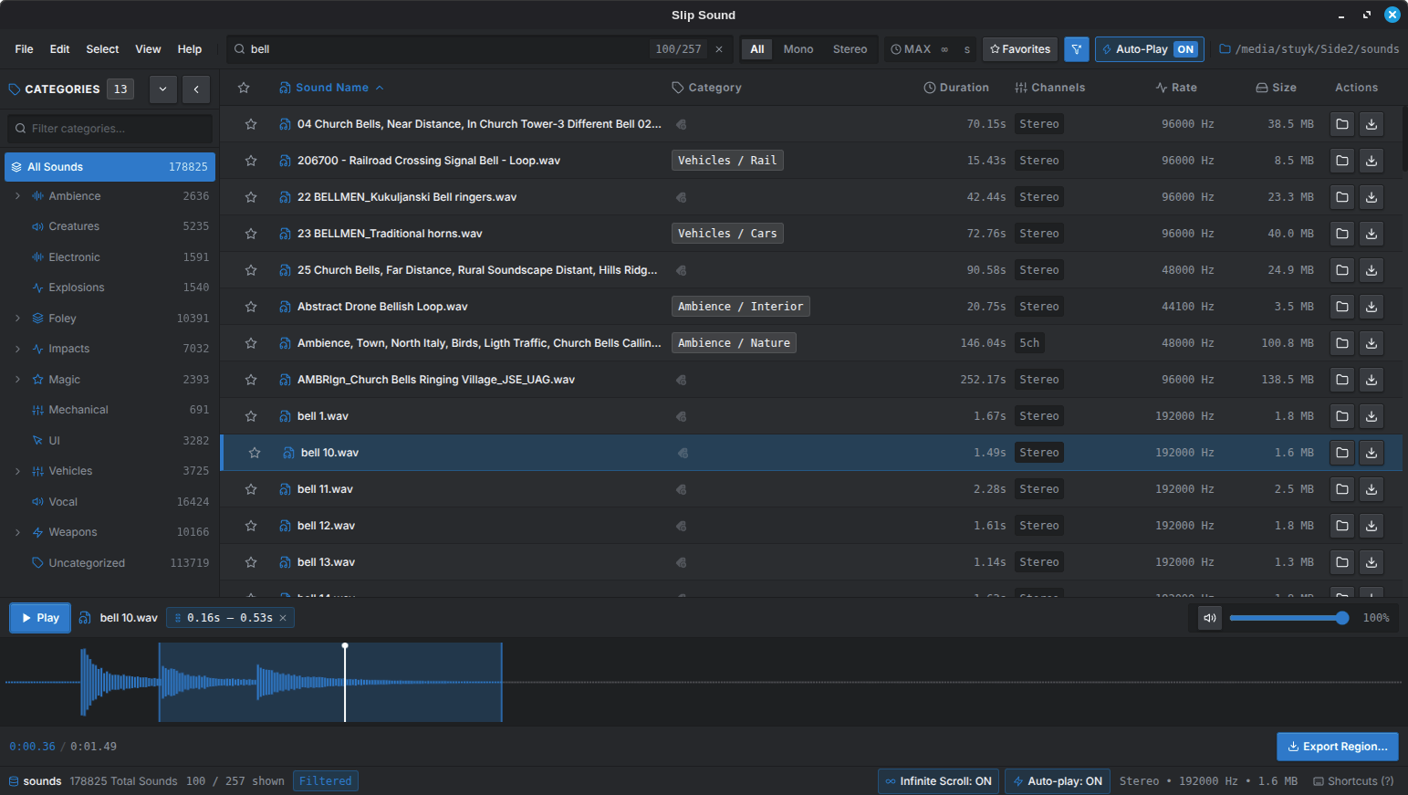 Slip Sound searching 178,825 sounds for 'bell', with a region selected on the waveform